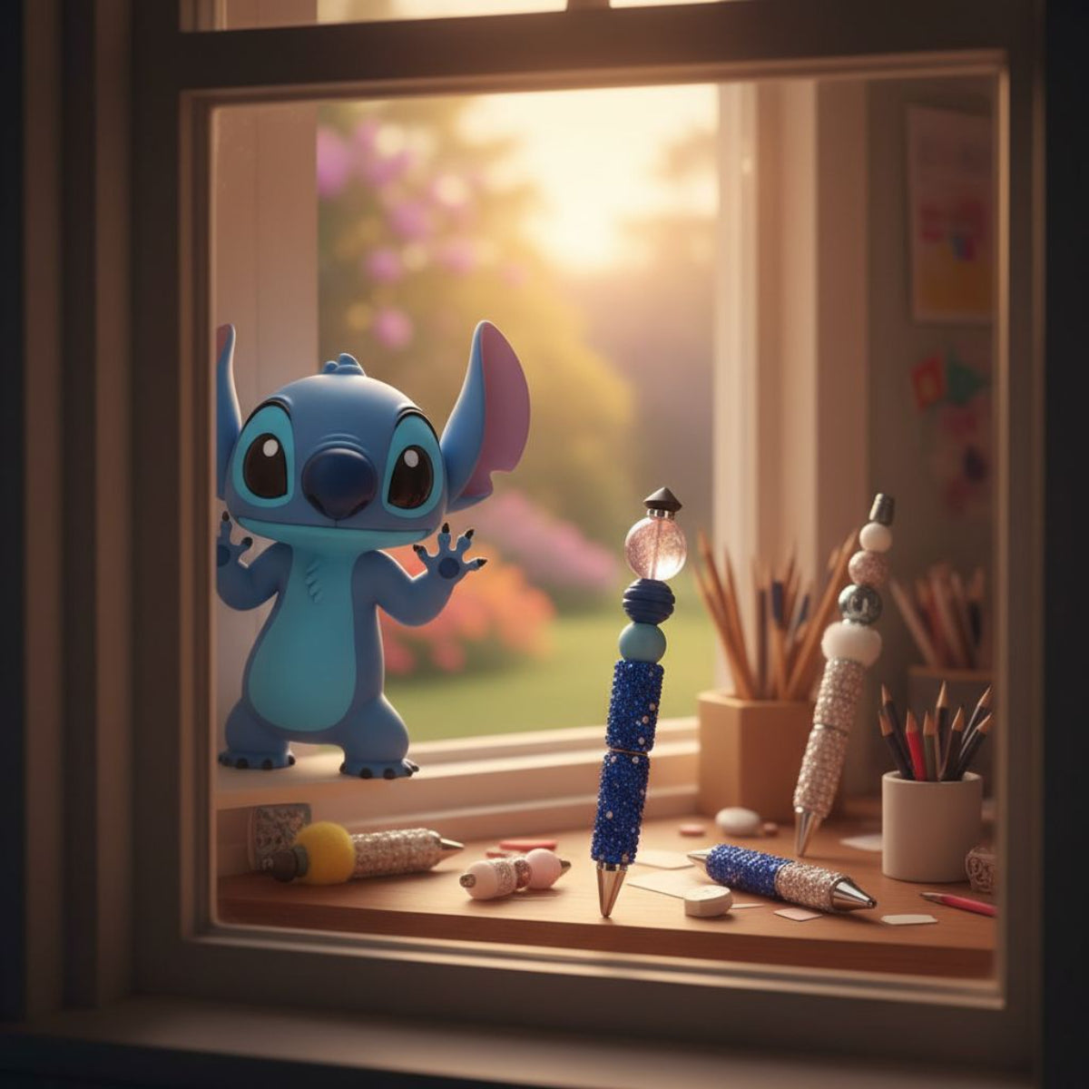 Cartoon character in a window with decorative pens and pencils on a desk.